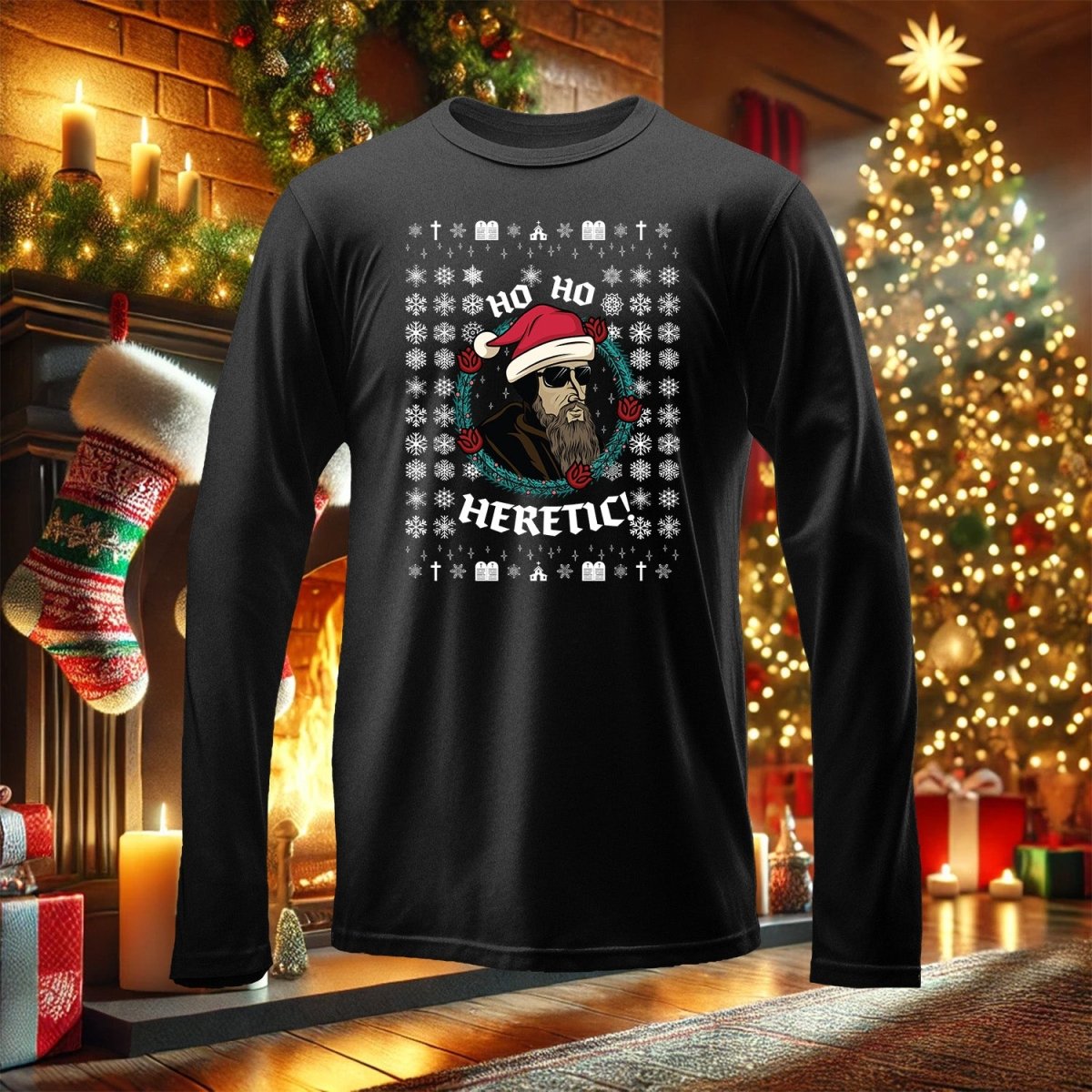 Ho Ho Heretic John Calvin Ugly Christmas Long sleeve Shirt The Reformed Sage