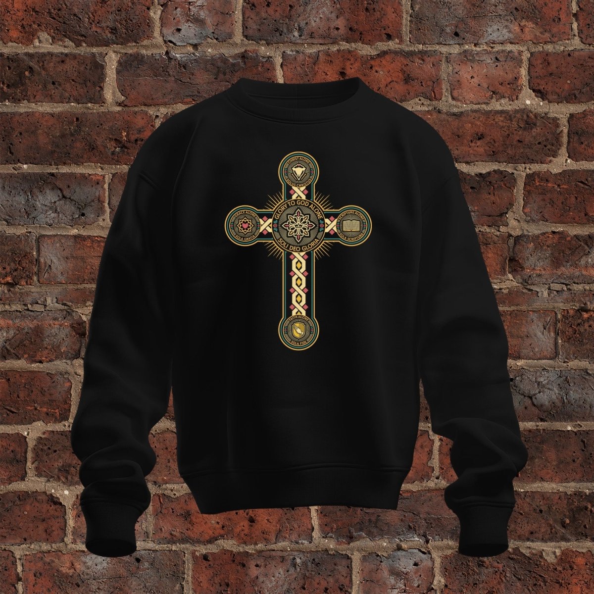 crewneck sweatshirt - Five Sola Cross - Sweatshirt - The Reformed Sage - #reformed# - #reformed_gifts# - #christian_gifts#