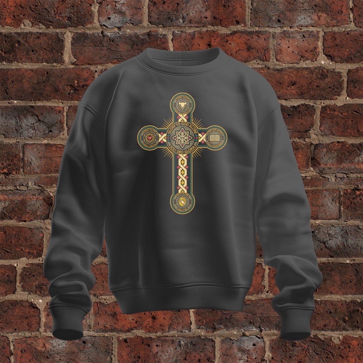 crewneck sweatshirt - Five Sola Cross - Sweatshirt - The Reformed Sage - #reformed# - #reformed_gifts# - #christian_gifts#